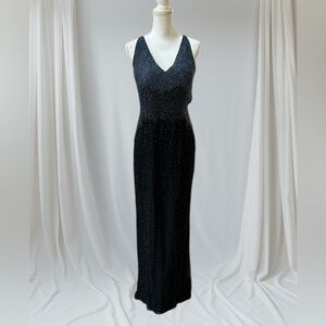 Adrianna Papell Boutique Vtg Blue Hombre Beaded Silk V Neck Maxi Evening Dress
